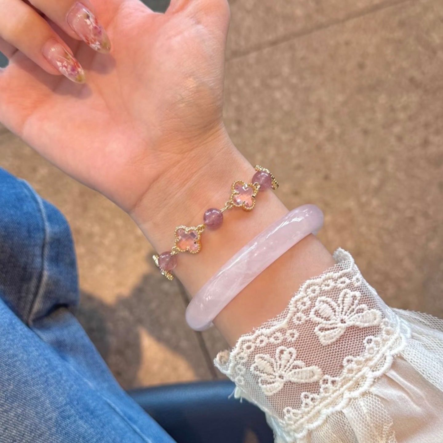 水晶精致四葉花抽拉手鏈女輕奢高級感氣質手環手串疊戴配飾手飾-