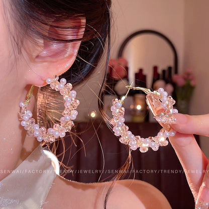 水晶珍珠圓圈纏繞耳環－商品主圖｜https://igowo.tw/