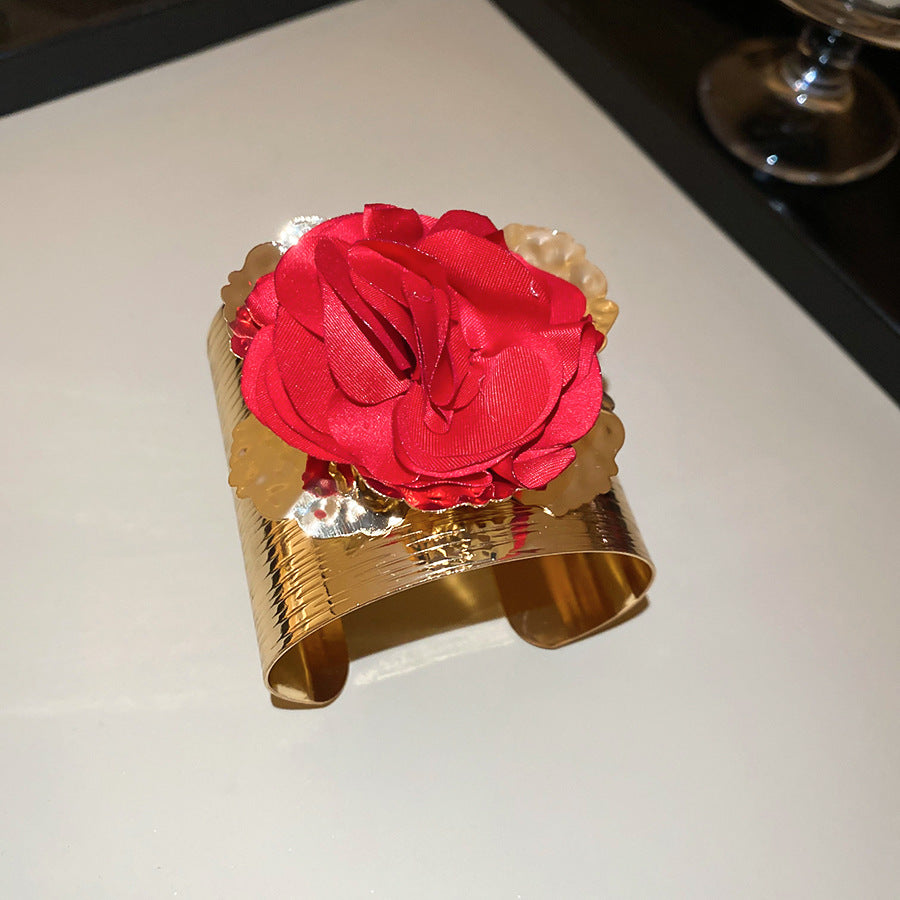 歐美金屬感布藝花朵臂環手鐲耳環套裝甜美氣質手環小眾設計感飾品
