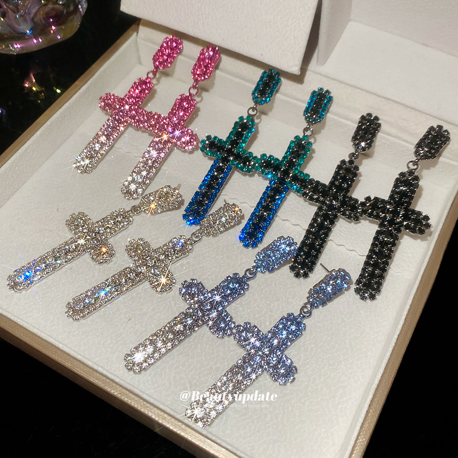 銀針鑲鉆十字架吊墜耳釘個性小眾設計感耳墜耳環輕奢高級感耳飾女