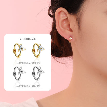 S925 鑲鑽三葉草圓形耳扣日韓簡約氣質鍍K金輕奢女ins風小耳環