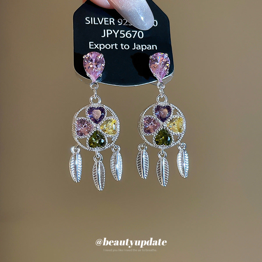 中古vintage鋯石幸運花朵流蘇耳釘復古宮廷風耳環輕奢高級感耳飾