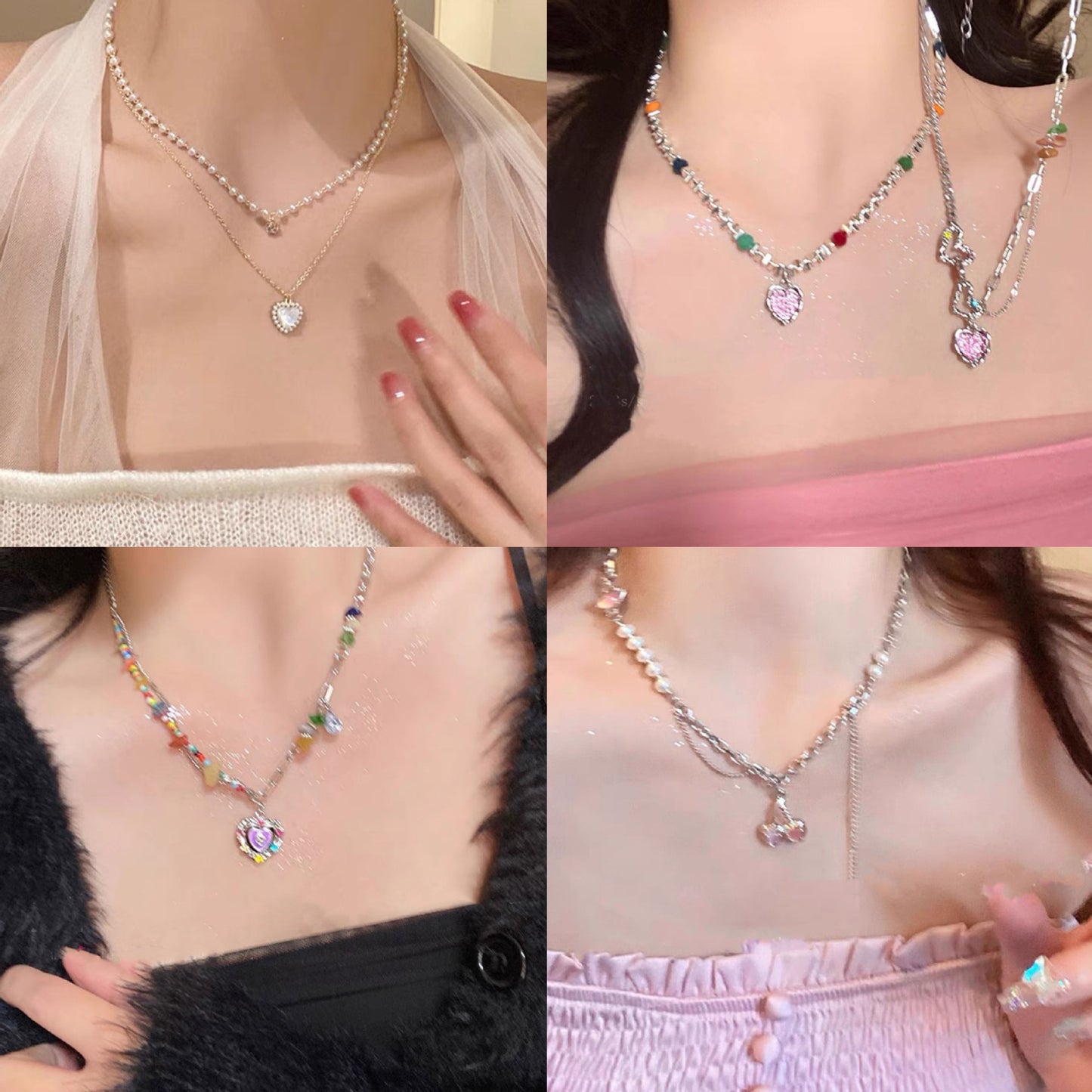 彩色水晶珍珠愛心項鍊－商品主圖｜https://igowo.tw/