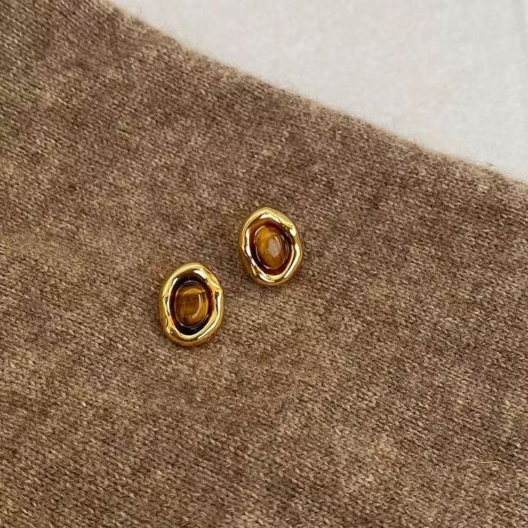 銀針爆款虎眼石吊墜耳釘美拉德復古氣質百搭耳環輕奢高級感耳飾女
