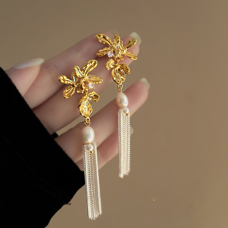 銀針鑲鉆花朵流蘇珍珠耳釘復古小眾耳環女時尚氣質耳飾輕奢高級感