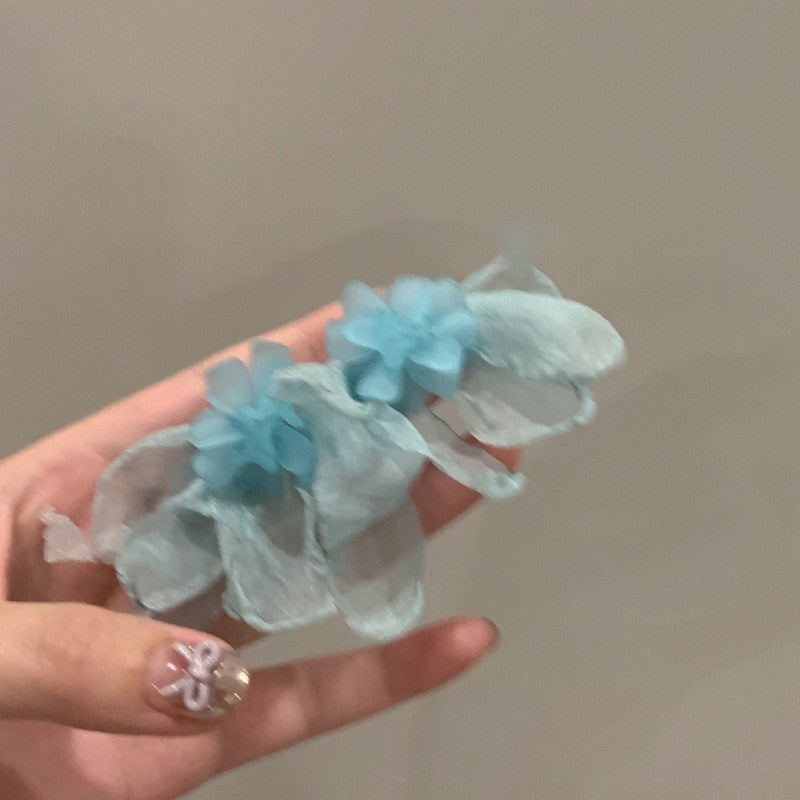 銀針雪紡花米珠流蘇耳環度假風百搭耳釘女清新甜美耳飾小眾高級感
