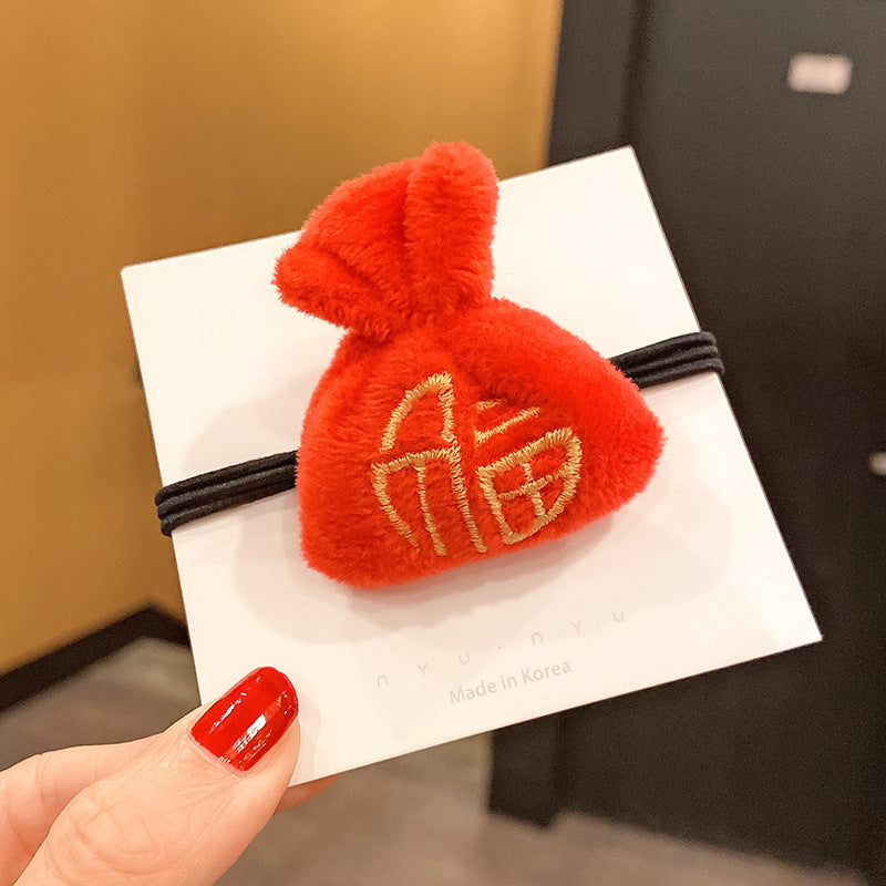 紅色絨面毛球復古髮圈