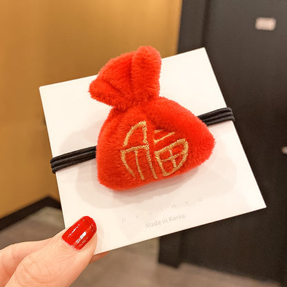 紅色絨面毛球復古髮圈