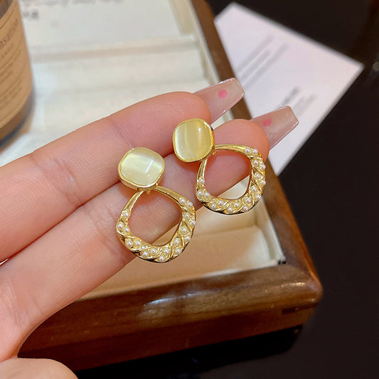 貓眼石珍珠菱形耳釘－商品主圖｜https://igowo.tw/