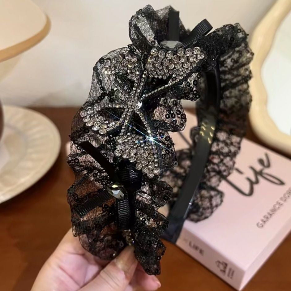 網紗鋯石蝴蝶寬版髮箍－商品主圖｜https://igowo.tw/