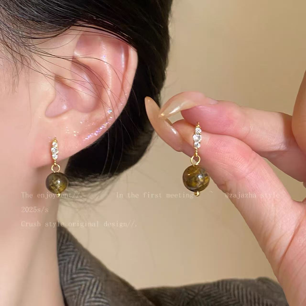 棕色虎眼石流蘇耳釘