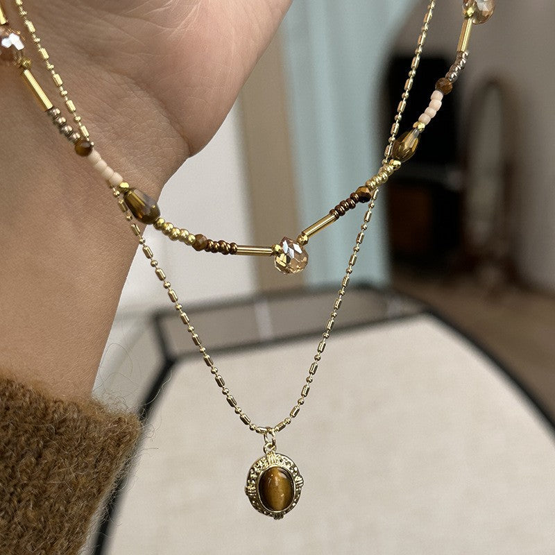 金色虎眼石墜飾項鍊－51#項鍊-金色-咖色款細節｜https://igowo.tw/