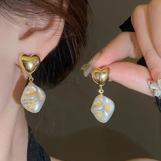 金箔巴洛克異形珍珠耳飾輕奢高級感耳環女簡約氣質時尚蚊香盤耳夾 愛心金箔珍珠耳夾無耳洞（送硅膠墊）