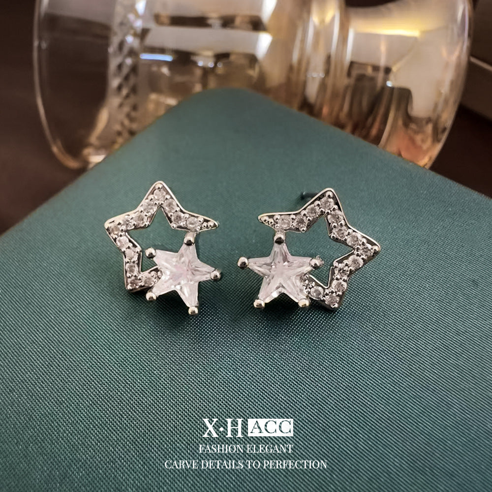 鋯石銀針星星鏤空耳釘