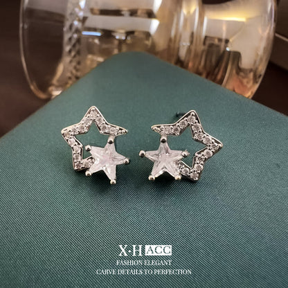 鋯石銀針星星鏤空耳釘