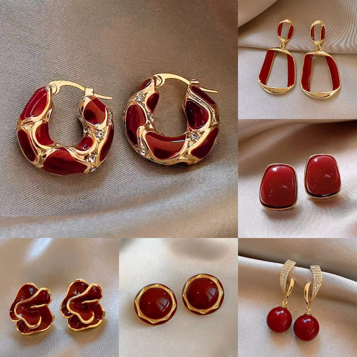 復古紅琺瑯鑲鑽耳釘－商品主圖｜https://igowo.tw/