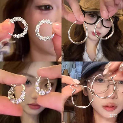 銀針簡約橢圓形耳圈歐美跨境個性潮流耳環小眾百搭設計感耳飾批發