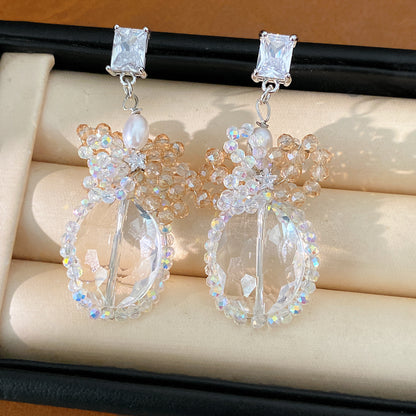 珍珠蝴蝶結方形耳釘