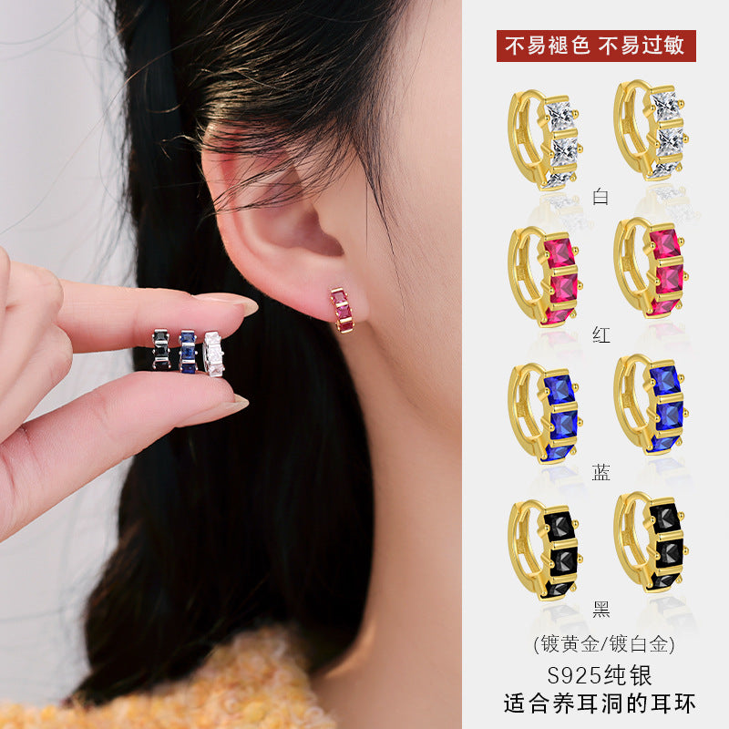 S925 微鑲一字鋯石圓形耳環女小眾設計輕奢高級感精致耳圈耳飾