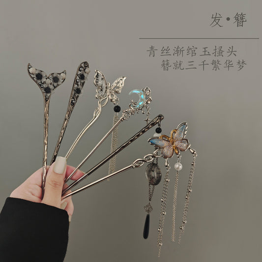 珍珠蝴蝶流蘇復古髮簪－商品主圖｜https://igowo.tw/
