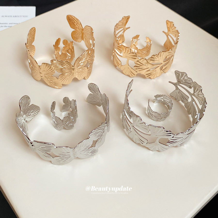 歐美金屬紋路樹葉開口手鐲戒指套裝輕奢高級感手環簡約百搭手飾女