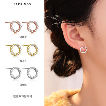 S925 鑲鑽滿鑽鏤空花卉圓環圈耳釘日韓氣質鍍K金女款ins風耳飾