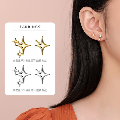 S925 光面四芒星不對稱星星耳釘日韓時尚個性鍍K金輕奢女耳環