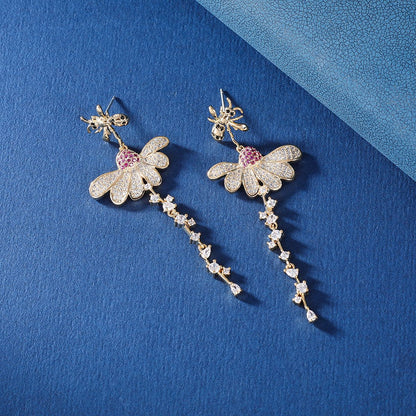 S925金色鋯石蜜蜂微鑲耳釘