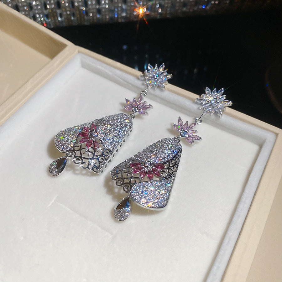 銀針鋯石奢華花朵水滴吊墜耳釘中古vintage耳環輕奢高級感耳飾女