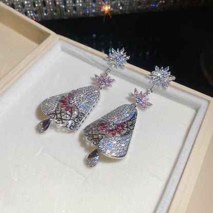 銀針鋯石奢華花朵水滴吊墜耳釘中古vintage耳環輕奢高級感耳飾女