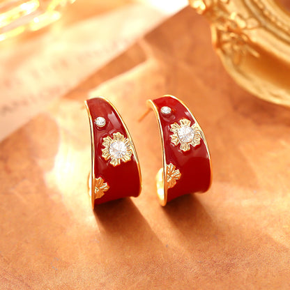 S925紅色琺瑯花朵復古耳環－第二視角實拍｜https://igowo.tw/