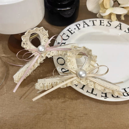 珍珠緞帶蝴蝶結髮夾－大號粉色蝴蝶結款細節｜https://igowo.tw/