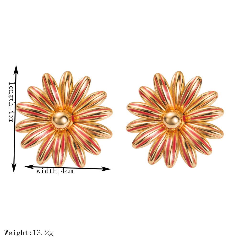 金屬雛菊復古耳環－玫紅色款實拍｜https://igowo.tw/