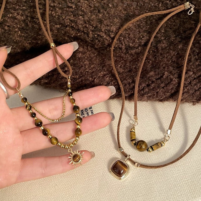 虎眼石太陽花復古項鍊－棕款實拍｜https://igowo.tw/
