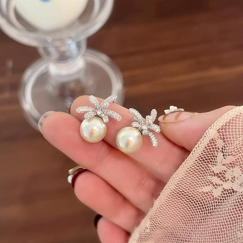 法式精致鋯石花朵珍珠耳環輕奢高級感耳釘優雅時尚氣質個性耳飾女
