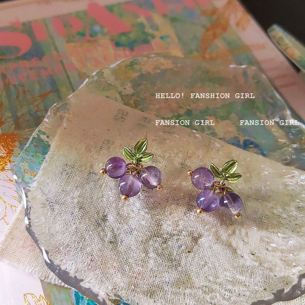 水晶天然石葡萄耳釘－商品主圖｜https://igowo.tw/