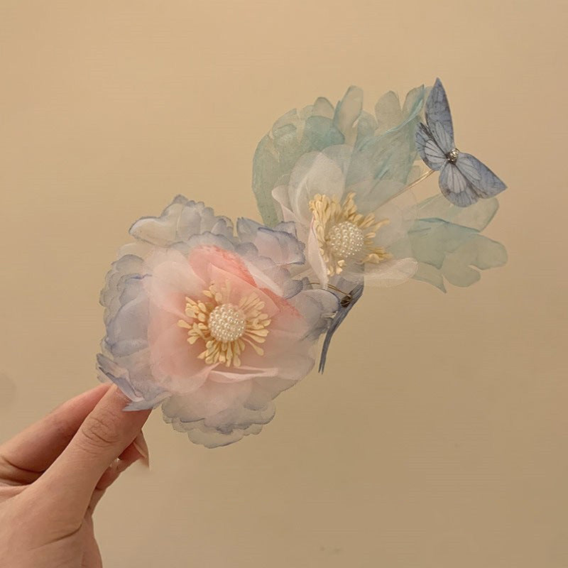 網紗花朵樹葉珍珠流蘇發夾后腦勺盤發鴨嘴夾拍照氛圍百搭發飾批發
