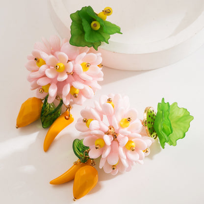 花朵流蘇長版耳環