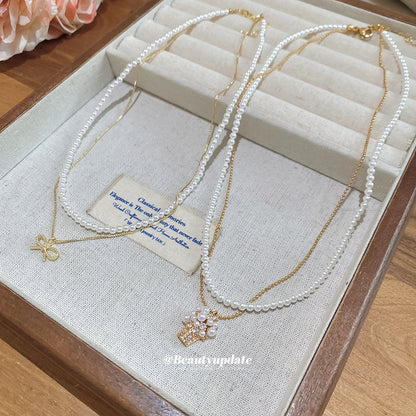 珍珠蝴蝶結項鍊－項鍊-白色-金色款實拍｜https://igowo.tw/