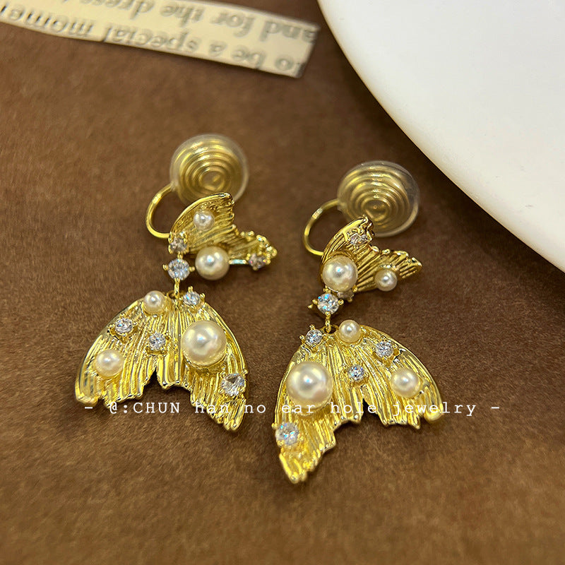 金色魚尾珍珠耳夾無耳洞高級感小眾獨特耳環長款蚊香盤工廠耳飾