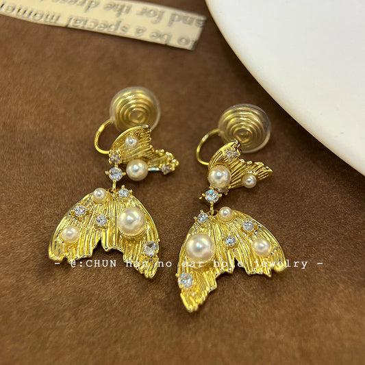 金色魚尾珍珠耳夾無耳洞高級感小眾獨特耳環長款蚊香盤工廠耳飾