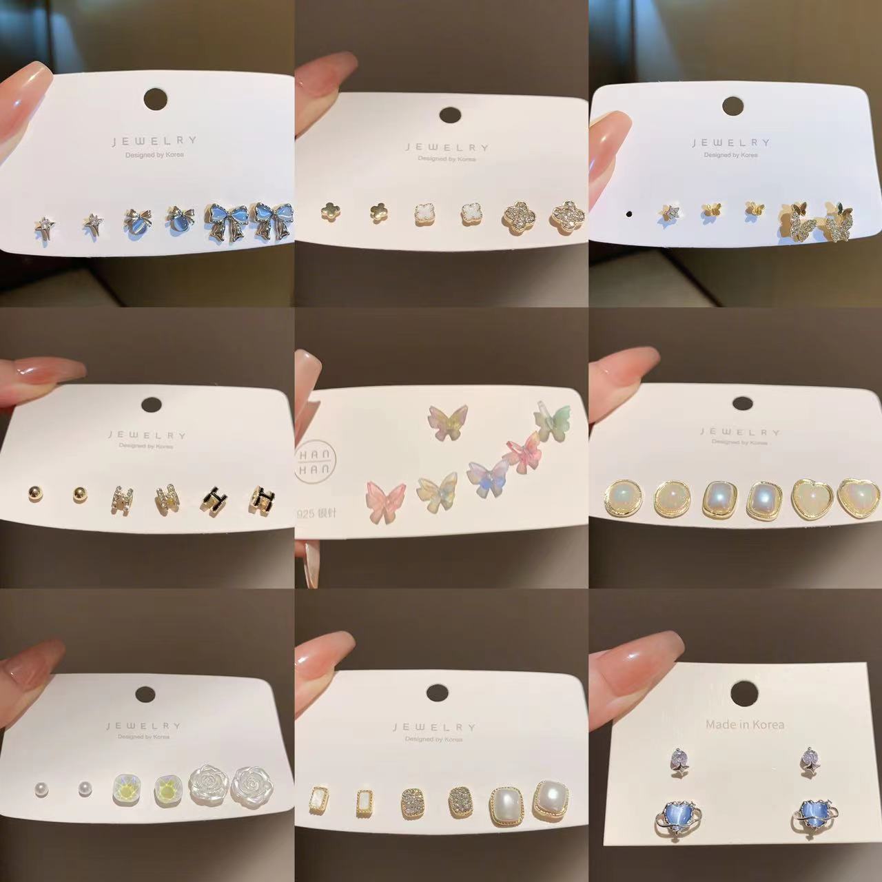 銀針愛心花朵蝴蝶耳環清新甜美少女心耳釘套裝時尚簡約設計感耳飾