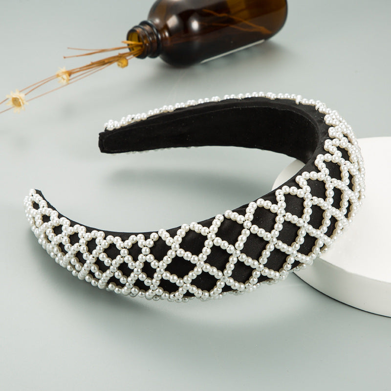 珍珠寬版髮箍－黑色款實拍｜https://igowo.tw/