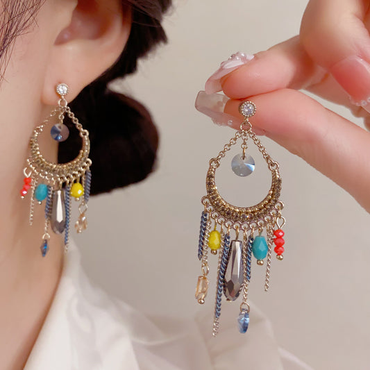 串珠水滴流蘇長版耳墜－商品主圖｜https://igowo.tw/