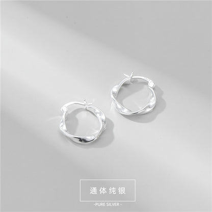 S925純銀扭紋波浪簡約基礎款耳扣女韓版時尚通勤款經典耳環
