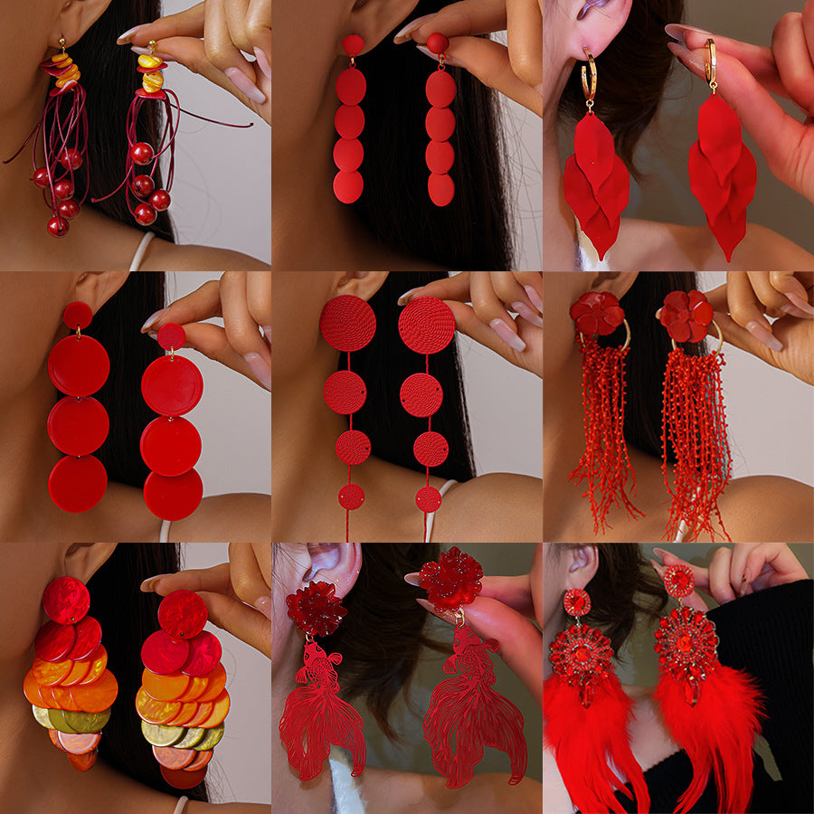紅色花朵圓片流蘇耳環－商品主圖｜https://igowo.tw/