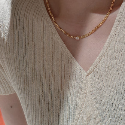 S925銀韓版小眾設計感復古單鋯石簡約坦克項鏈韓版復古時尚鎖骨鏈