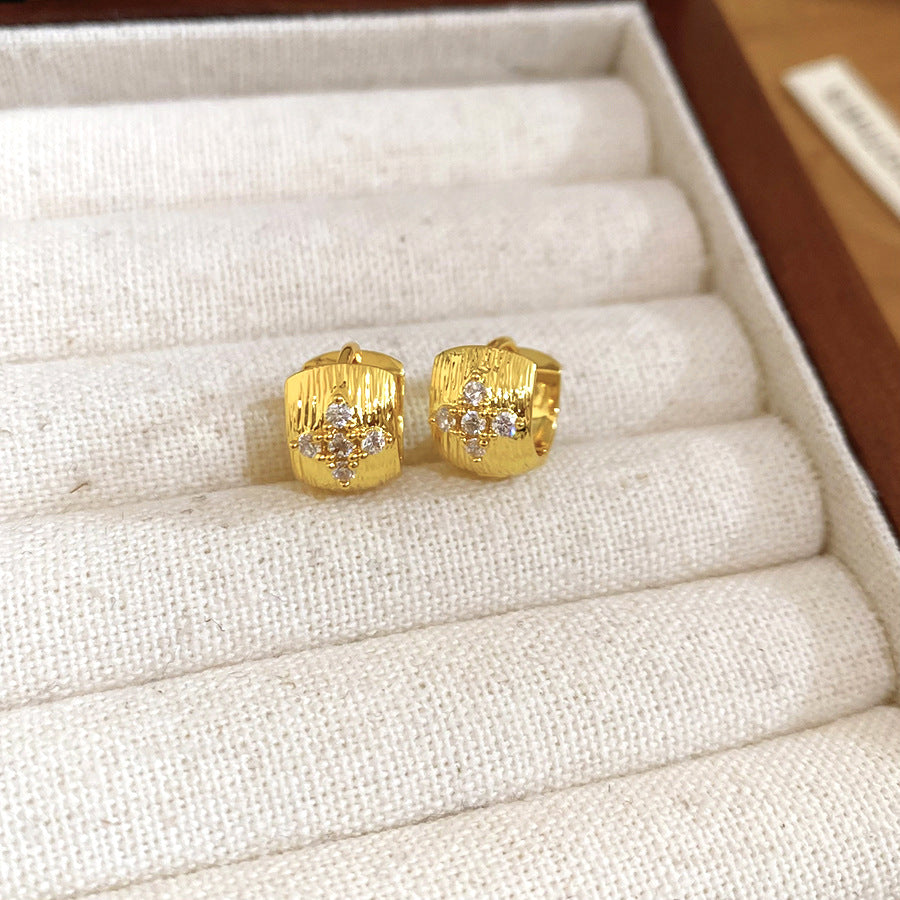 18K真金電鍍鋯石圓形耳扣中古vintage小眾高級感耳環輕奢氣質耳飾