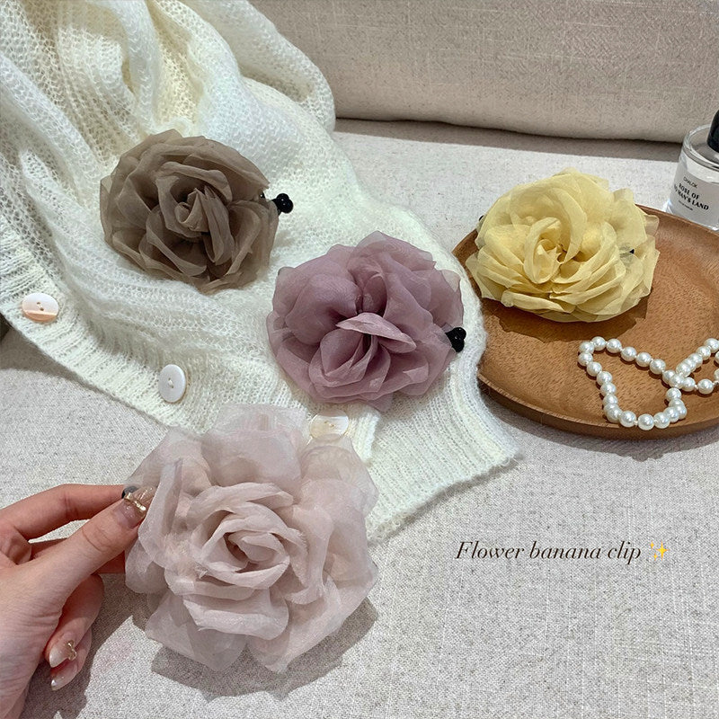 網紗山茶花髮夾－奶黃款細節｜https://igowo.tw/