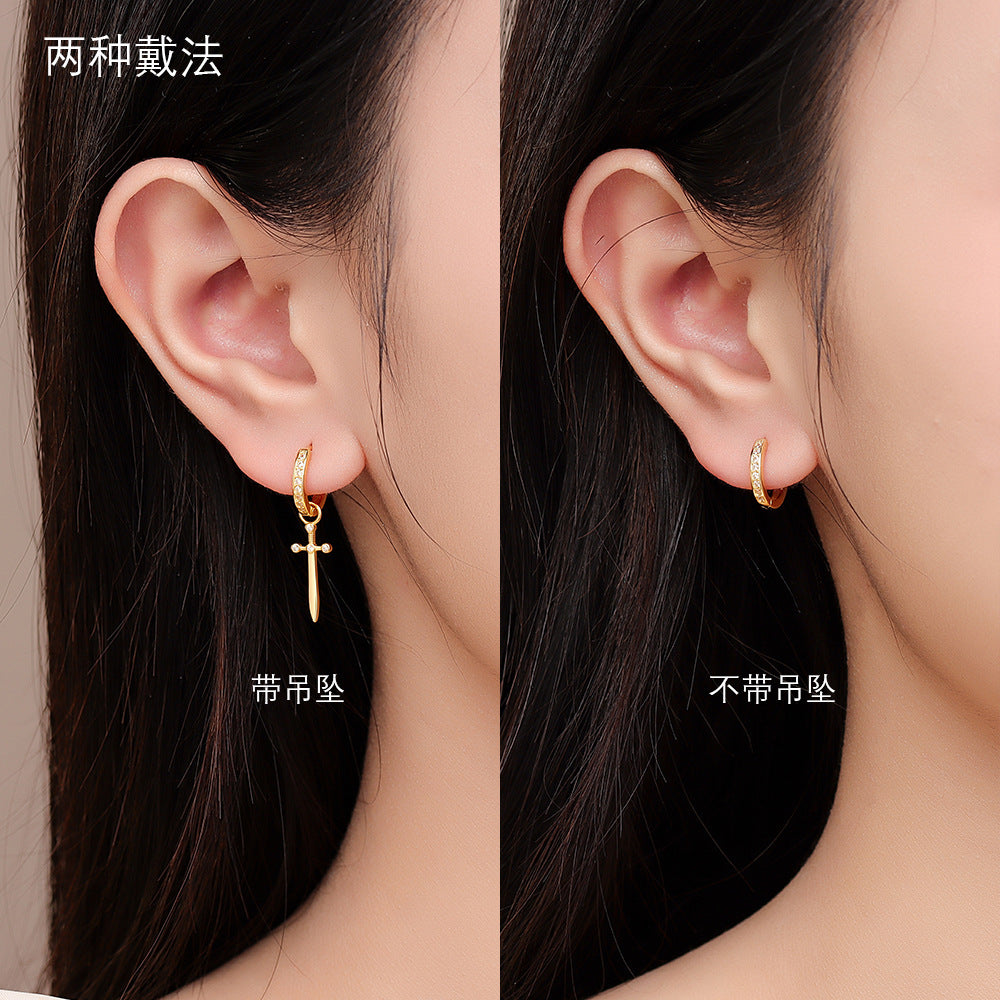 S925 鑲鋯十字架耳環女歐美熱銷輕奢高級感精致耳圈耳飾品